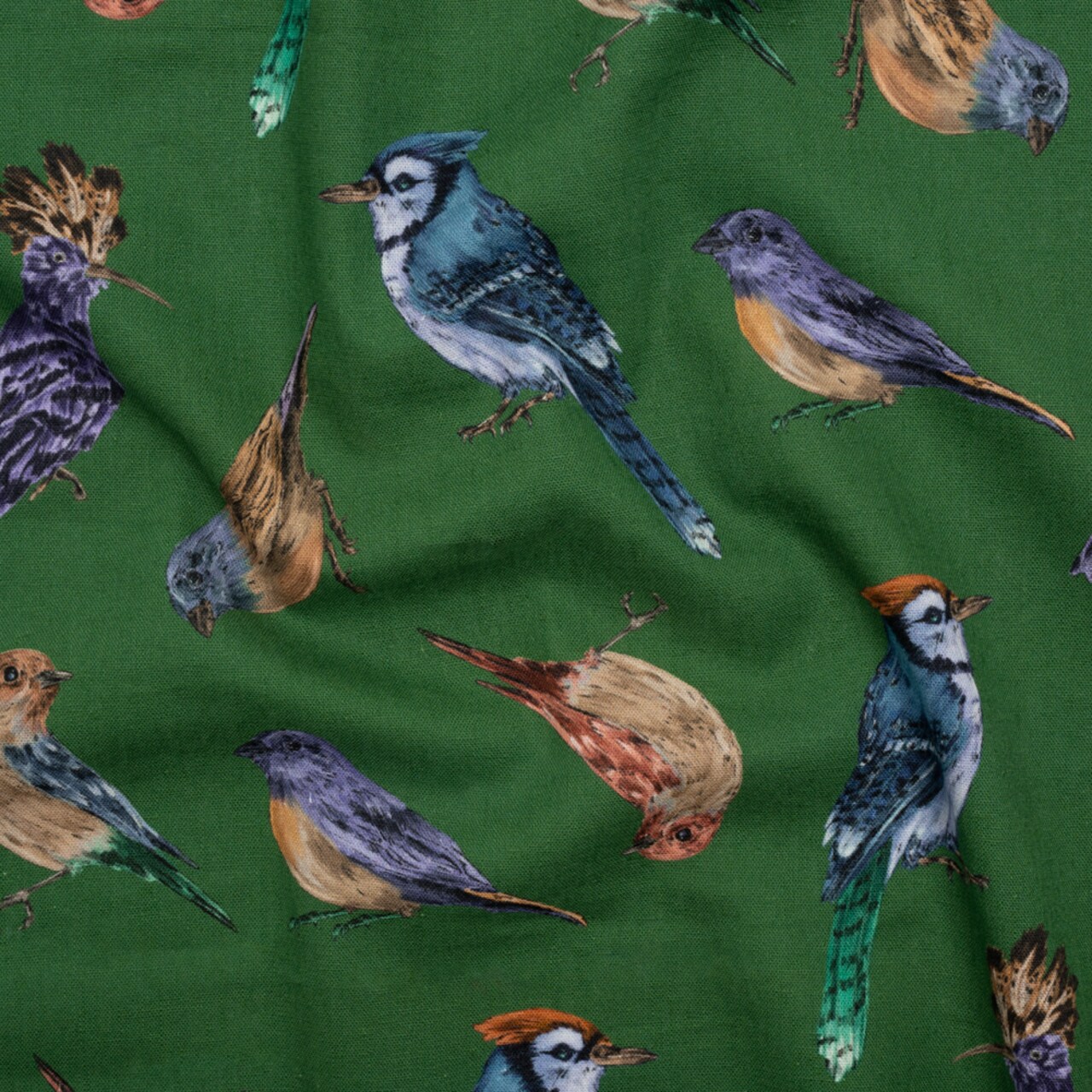 1 Yard Linen and Rayon Woven Green, Blue, and Beige Bird Print Fabric